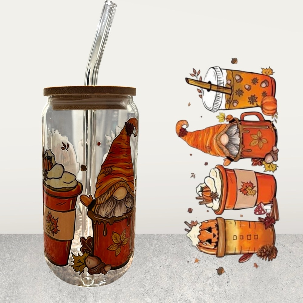 Gnome Coffee / Fall Glass Cup with Straw & Cleaner 🍁
